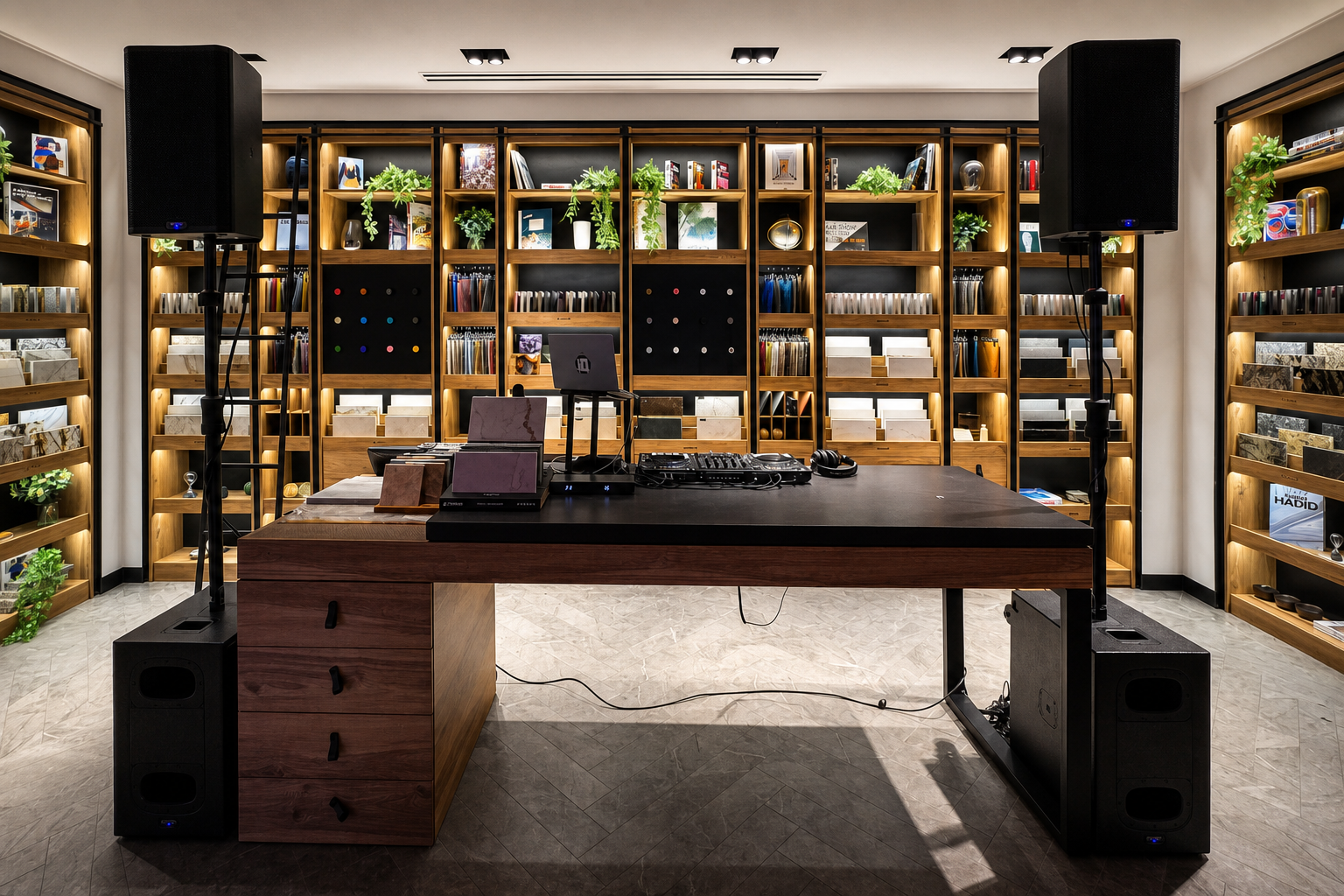 A professional DJ setup inside a warm, modern record room